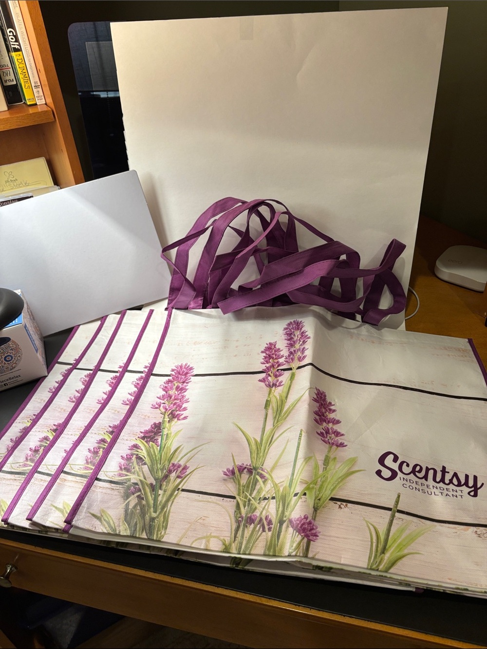 Scentsy White Tote Bag with Purple Floral Print and Purple Handles.  Set of 5.